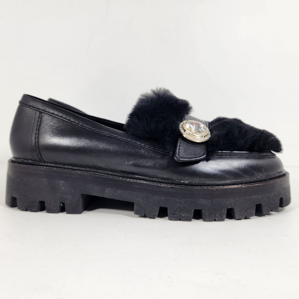 Kate Spade Posh Winter Black Leather Faux Fur Crystal Lug Sole Loafers 6B